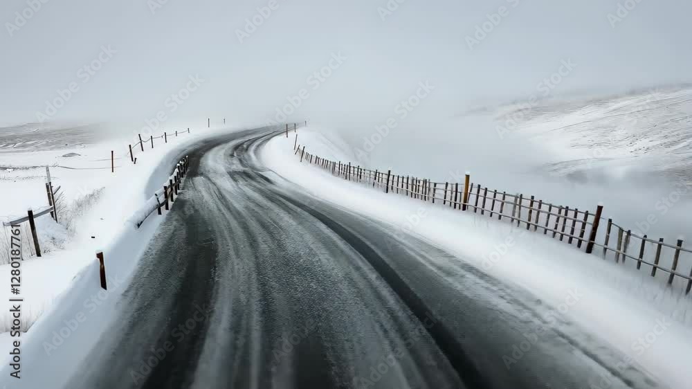Blizzard blankets country road in Iceland on a winter day, Heavy blizzard on Icelandic country road winter day Blizzard blankets country road in Iceland on a winter day, Heavy blizzard on Icelandic country road winter day