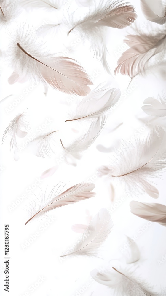Obraz premium Floating Feathers: A Serene Image of Delicate, Light Brown and White Feathers Against a Pure White Background