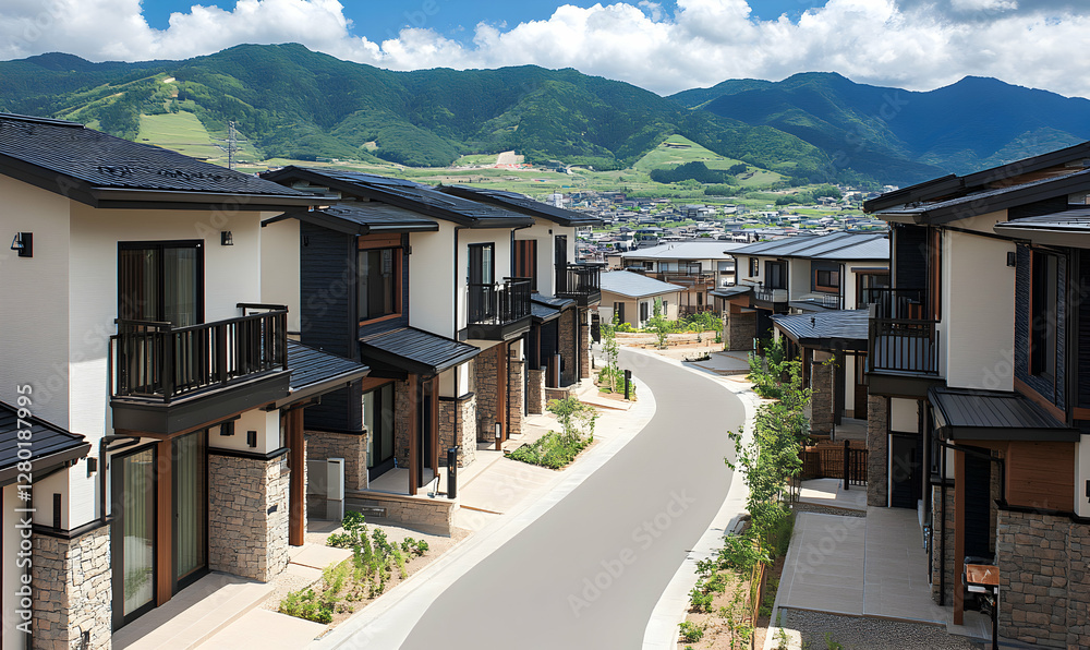 Fototapeta premium Serene mountainside residential street with modern homes. Luxury townhouses nestled amongst lush greenery and stunning mountain views.