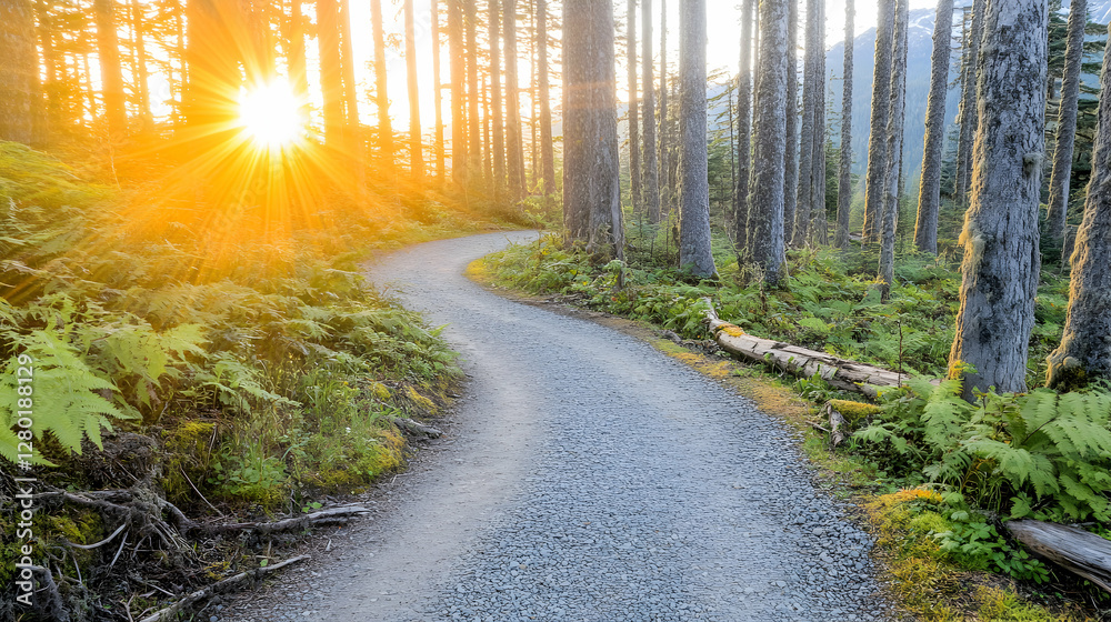Fototapeta premium Serene sunset illuminating a winding forest path, gravel trail through lush ferns and tall trees, golden hour light.
