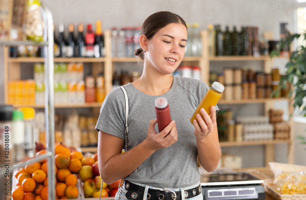 Obraz premium Youth girl spouses hold bottles and choose consider smoothie in store. Market visitor pick up cocktail made of fruits, berries, seeds. Client examines contents of package, chooses smoothie