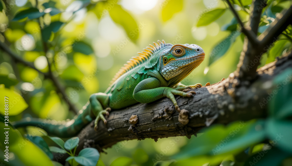 A green iguana perched on a branch surrounded by lush foliage A green iguana perched on a branch surrounded by lush foliage