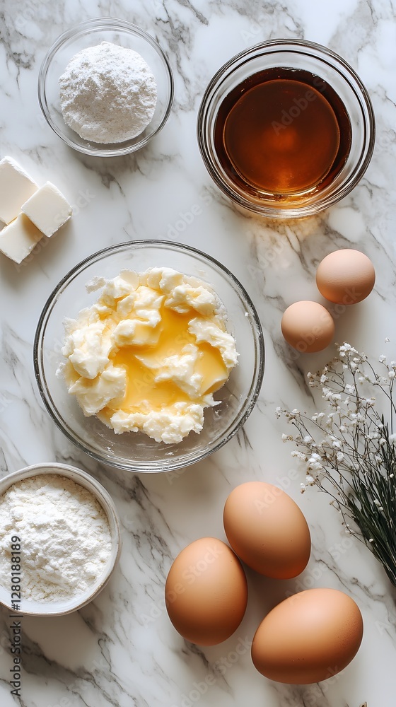 Ingredients laid out for baking: eggs, butter, flour, and sweetener on marble background. Ingredients laid out for baking: eggs, butter, flour, and sweetener on marble background.