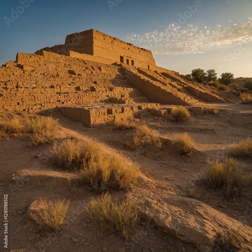 The remains of a grand Mesopotamian ziggurat, glowing in the warm afternoon light.