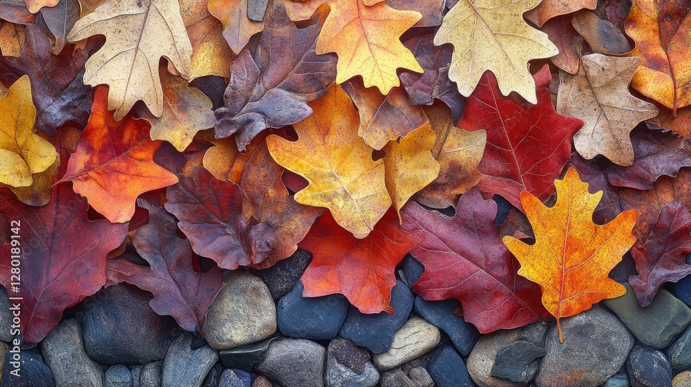 Autumn leaves on stones, colorful fall foliage, nature background, decorative image Autumn leaves on stones, colorful fall foliage, nature background, decorative image