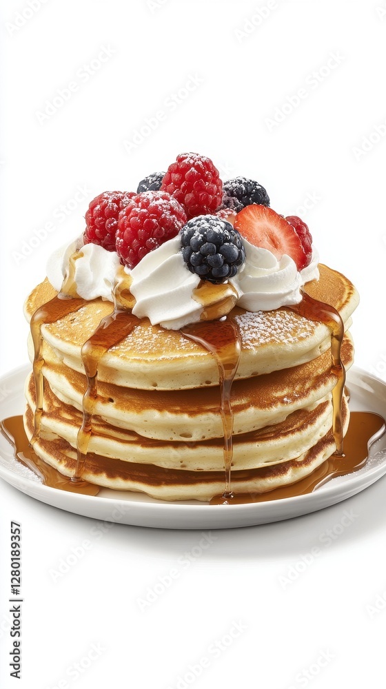 Delicious Stack of Pancakes Topped with Berries and Whipped Cream Delicious Stack of Pancakes Topped with Berries and Whipped Cream