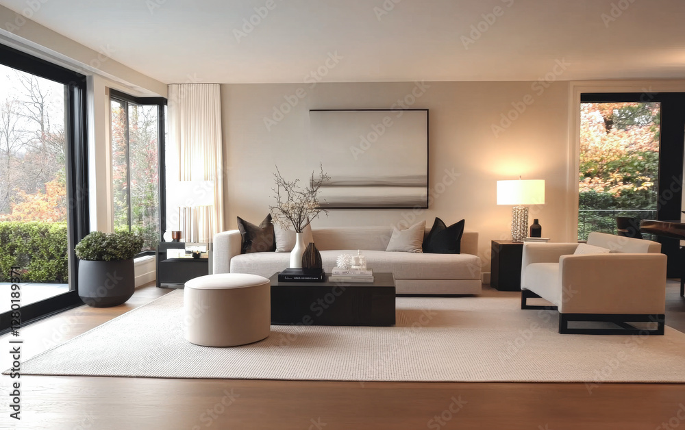 Fototapeta premium Modern living room design with natural light and minimalist decor in autumn setting