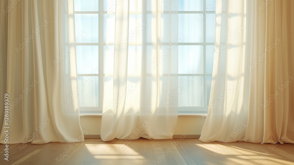 Fototapeta premium Soft white curtains with sunlight streaming through windows
