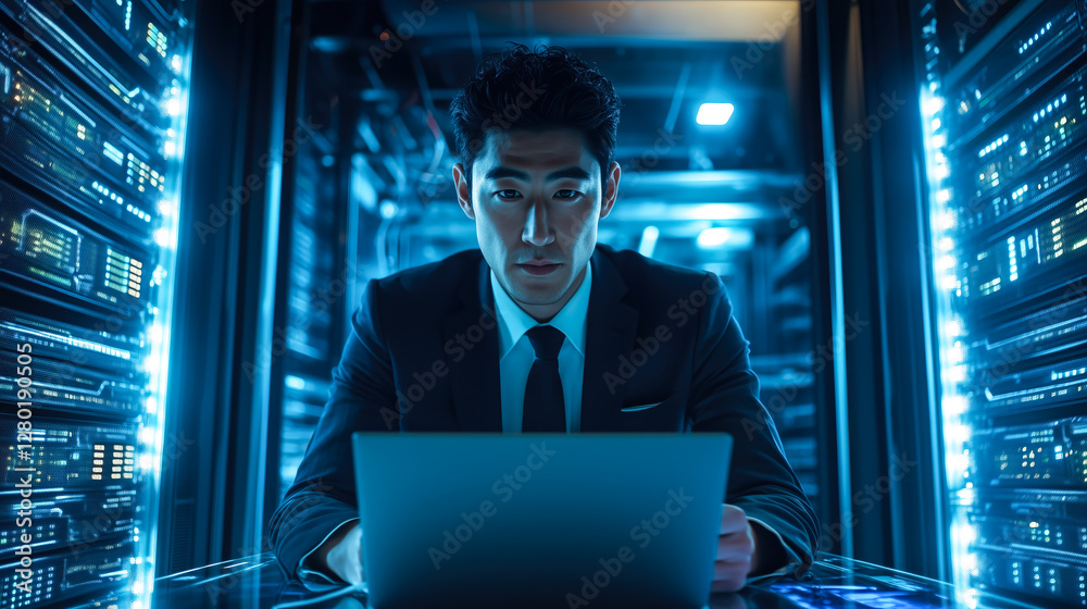 Fototapeta premium An IT support specialist uses a tablet while working in a server room. The concept of network management, data security, and technology maintenance. Generative AI.
