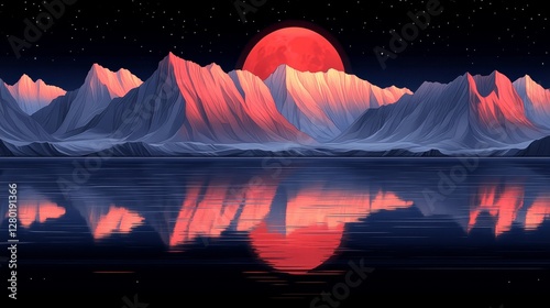 Pixelated alpine vista with reflected sunset in the tranquil lake at night digital artwork with retro aesthetic and vaporwave elements photo
