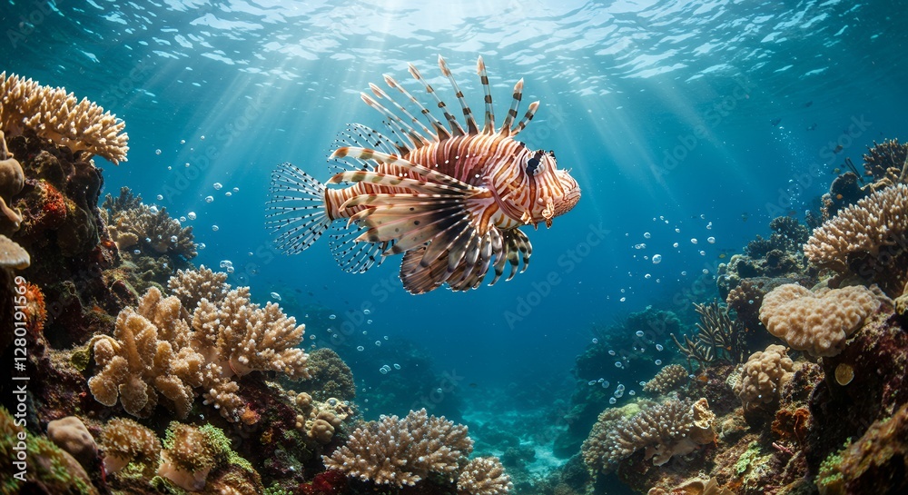 Lionfish Swimming Gracefully in Clear Blue Ocean with Coral Reef Lionfish Swimming Gracefully in Clear Blue Ocean with Coral Reef