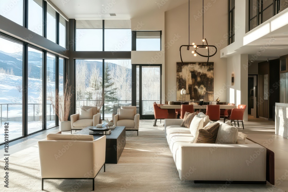 Bright and open modern living room with large windows, neutral-colored furniture, a statement light fixture, and elegant decor elements Bright and open modern living room with large windows, neutral-colored furniture, a statement light fixture, and elegant decor elements