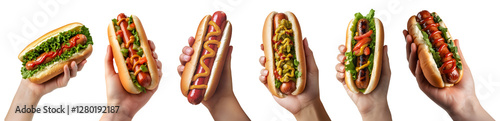 Set of hand holding frankfurter frank hotdog hot dog wiener bun sandwich, with different ingredients vegetable beef chicken cheese lettuce mustard ketchup on transparent cutout PNG. Mockup template	