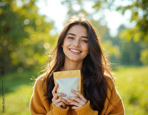 Portrait close up of young beautiful brunette woman in yellow sweater, holding paper bag with coffee or tea in summer park. Happy Woman Holding a Product Package Outdoors