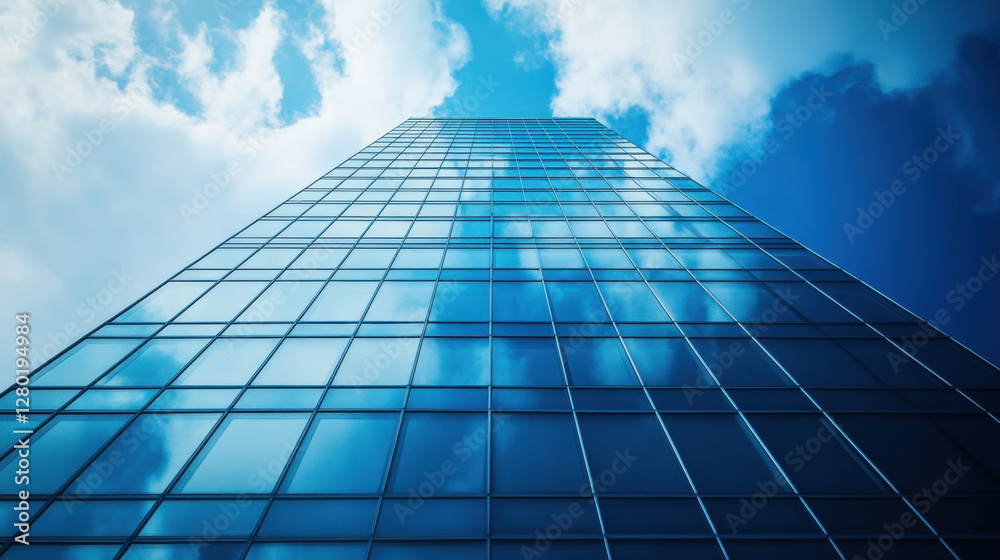 Lowangleviewofamodernglassskyscraperagainstablueskywithclouds Lowangleviewofamodernglassskyscraperagainstablueskywithclouds