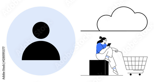 User profile icon circle, cloud outline connecting to the cloud, woman shopping on mobile beside cart. Ideal for online identity, cloud storage, digital commerce, user profile, data synchronization