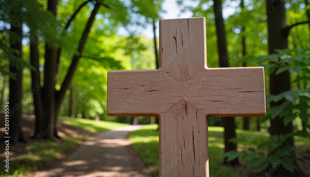 Rustic wooden cross positioned in serene sunlit grove, evoking spirituality and solemnity Rustic wooden cross positioned in serene sunlit grove, evoking spirituality and solemnity