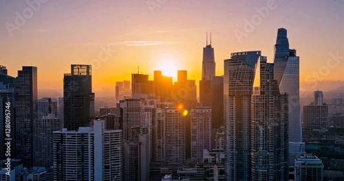 Futuristic cityscape, golden sunset, glass skyscrapers, reflective facades, urban canyon, high-rise buildings, modern architecture, city skyline, warm evening light, financial district, metropolitan 