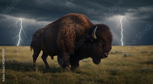 Majestic Bison Grazing in Prairie During Dramatic Lightning Storm photo