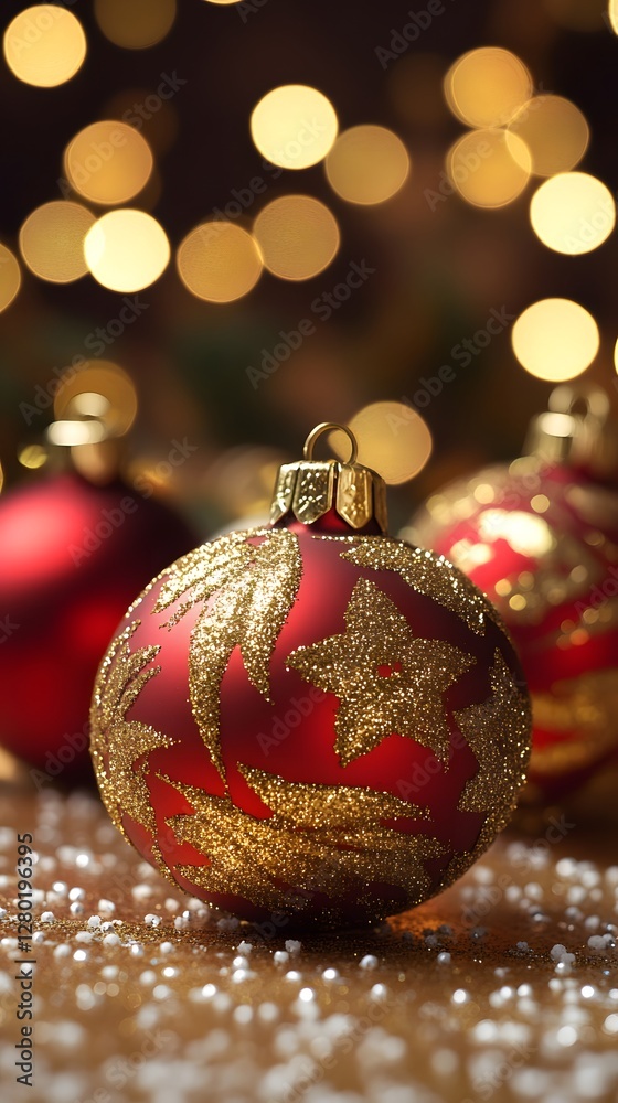 Close-up of a red and gold Christmas ornament with sparkling lights in the background. Close-up of a red and gold Christmas ornament with sparkling lights in the background.