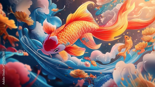 Koi fish swimming, autumn leaves, fantasy pond, digital art, wallpaper