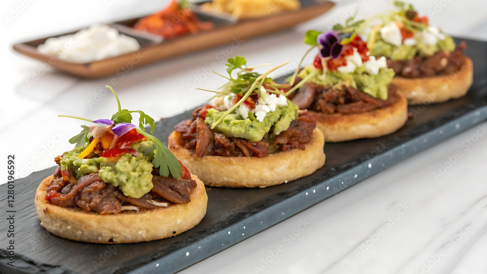 Mini sopes row with vibrant toppings on slate for mexican cuisine display. Mini sopes row with vibrant toppings on slate for mexican cuisine display.
