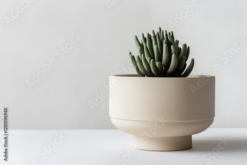 A modern minimalist decor setting featuring a Notocactus magnificus in a simple terracotta pot against a white background. photo