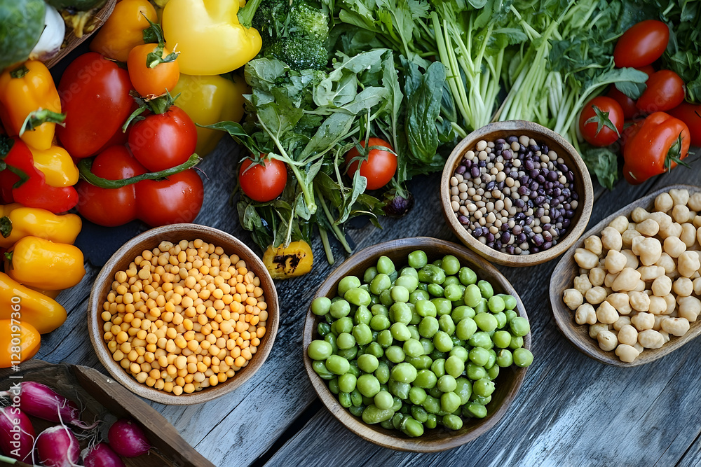 A Colorful and Nutritious Array of Fresh Vegetables and Legumes on Wooden Surface A Colorful and Nutritious Array of Fresh Vegetables and Legumes on Wooden Surface