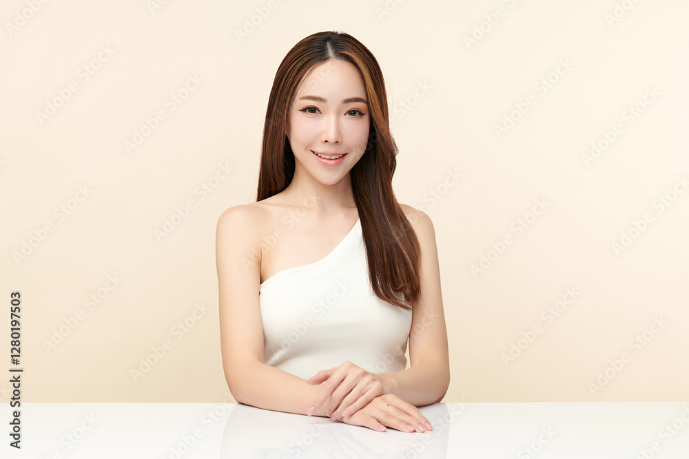 Beautiful young asian woman with clean fresh skin on beige background, Face care, Facial treatment, Cosmetology, beauty and spa, Asian women portrait. Beautiful young asian woman with clean fresh skin on beige background, Face care, Facial treatment, Cosmetology, beauty and spa, Asian women portrait.