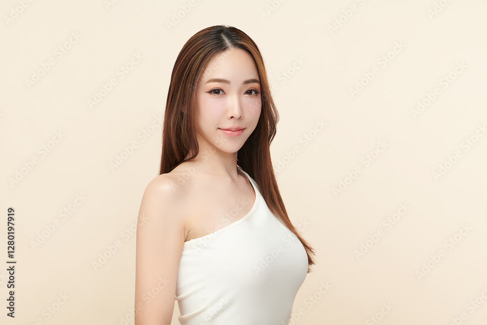 Beautiful young asian woman with clean fresh skin on beige background, Face care, Facial treatment, Cosmetology, beauty and spa, Asian women portrait. Beautiful young asian woman with clean fresh skin on beige background, Face care, Facial treatment, Cosmetology, beauty and spa, Asian women portrait.