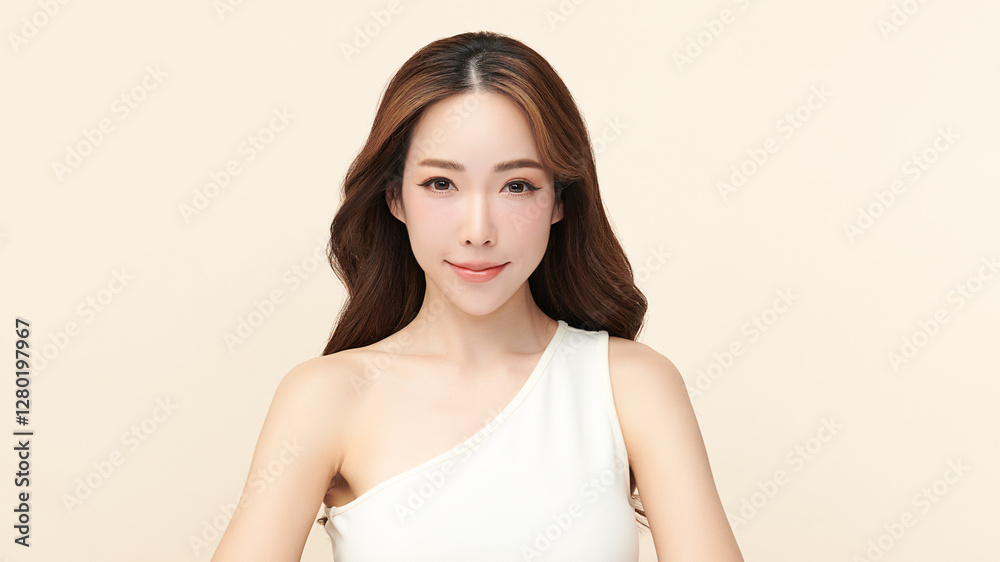 Beautiful young asian woman with clean fresh skin on beige background, Face care, Facial treatment, Cosmetology, beauty and spa, Asian women portrait. Beautiful young asian woman with clean fresh skin on beige background, Face care, Facial treatment, Cosmetology, beauty and spa, Asian women portrait.