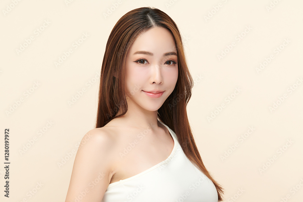 Beautiful young asian woman with clean fresh skin on beige background, Face care, Facial treatment, Cosmetology, beauty and spa, Asian women portrait. Beautiful young asian woman with clean fresh skin on beige background, Face care, Facial treatment, Cosmetology, beauty and spa, Asian women portrait.