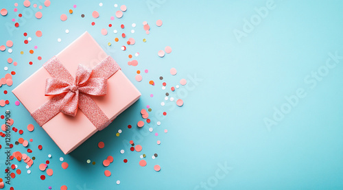 Wallpaper Mural A pink gift box with a ribbon, confetti, and streamers on a blue background. Torontodigital.ca