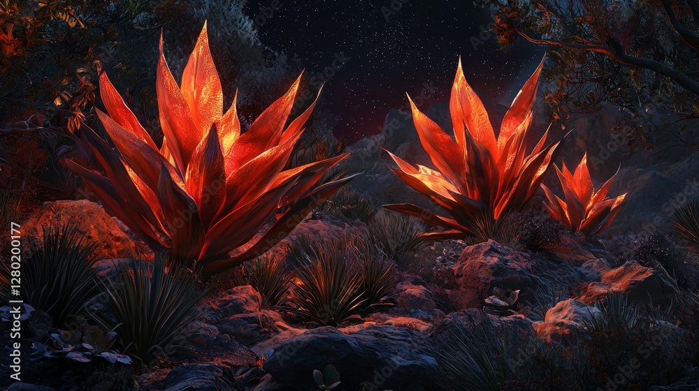 Vibrant Fiery Flora Under Starry Night Sky in a Desert Landscape Featuring Striking Red Leaves and Mystical Atmosphere Vibrant Fiery Flora Under Starry Night Sky in a Desert Landscape Featuring Striking Red Leaves and Mystical Atmosphere