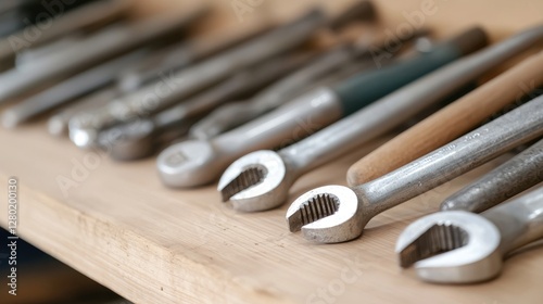 Workshop tools arranged on wooden shelf (1) photo