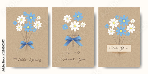 Poster Set with Flowers, Jar and 3D Bow on Kraft Paper. Spring or Summer Cards with Bouquet on Cardboard Background. Brown Kraft Sheet Texture. Template with Floral on Vintage Parchment Background.