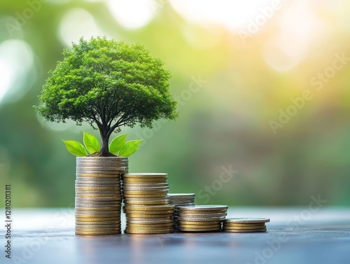 Growing Investment, Coins, Tree, Outdoor Blurred Background