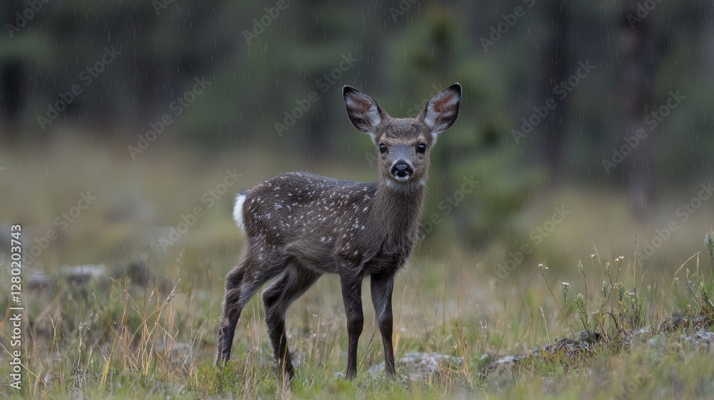 Fawn in a misty forest, peaceful scene, wildlife photography, nature Fawn in a misty forest, peaceful scene, wildlife photography, nature