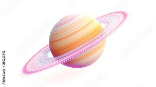 3D Rendering of Planet Saturn Isolated on White Background, Pastel Colors with Pink and Orange Stripes, Simple Design, and Ample White Space for Educational and Decorative Use
