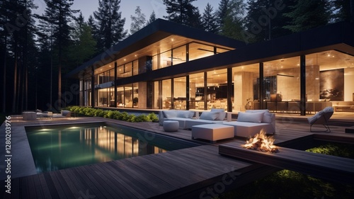A serene modern home nestled in a tranquil forest at twilight, bathed in warm, inviting light, reflecting in the calm pool's surface.