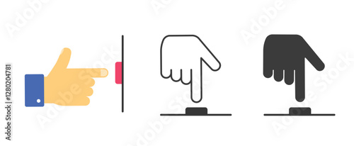 Press push red button finger hand icon simple vector flat graphic illustration set, man person start activating switch silhouette pictogram line stroke outline solid gesture ui info image
