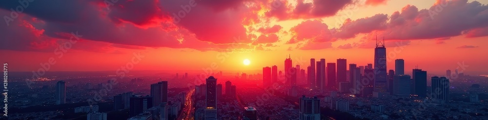 Fototapeta premium Fiery sunset paints skyscrapers, urban panorama, Manhattan, evening