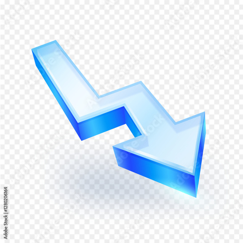 Arrow decline blue glass 3D icon. isolated on transparent background. Realistic vector illustration.