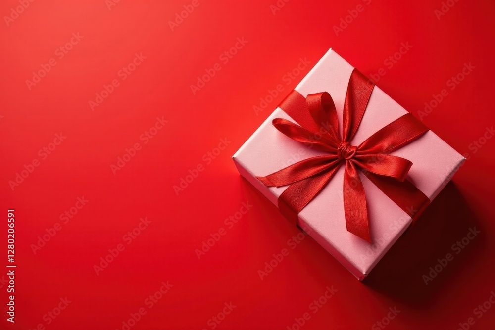 A delicately wrapped pink gift box adorned with a vibrant red satin ribbon, resting elegantly on a rich red background. A delicately wrapped pink gift box adorned with a vibrant red satin ribbon, resting elegantly on a rich red background.