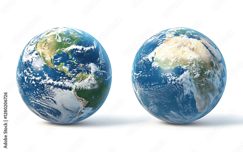 Fototapeta premium Two Earth globes, continents, oceans, white background, global concepts