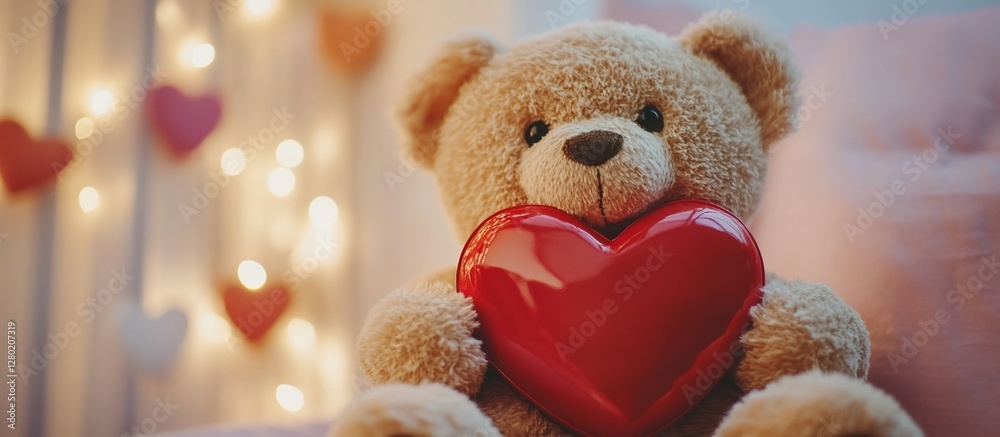 custom made wallpaper toronto digitalCute teddy bear holding a red heart against a bokeh background.