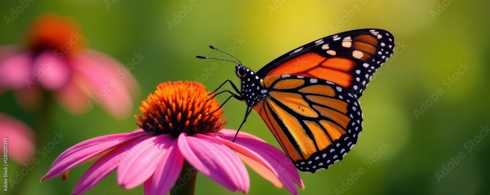 Monarch butterfly on coneflower, intricate wing details visible, blossom, vibrant Monarch butterfly on coneflower, intricate wing details visible, blossom, vibrant