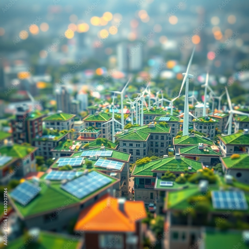 Obraz premium Ai generate stock photo of a futuristic city powered by renewable energy, with green rooftops, solar panels, and wind turbines, showcasing a sustainable future, blurred bokeh effect