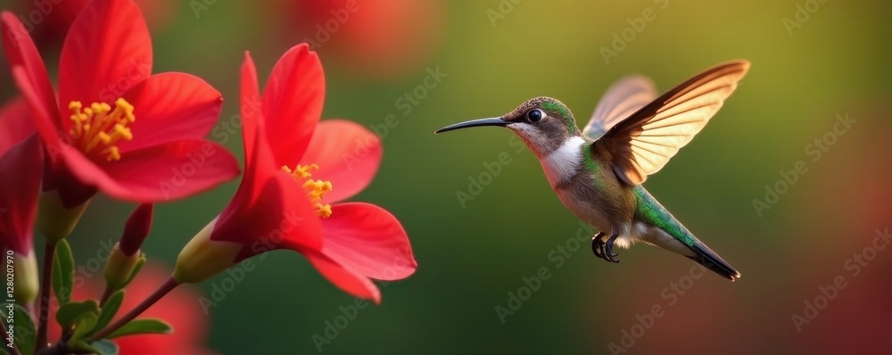 Naklejka premium Tiny hummingbird hovers, long beak in vibrant red bloom , hummingbird, spring, tropical