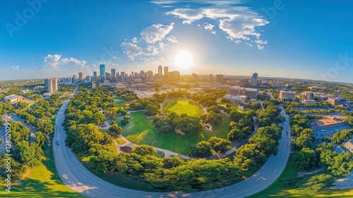 Fototapeta Naklejka Na Ścianę i Meble -  Aerial View of Fort Worth, Texas Under Vibrant Sky with Sunlight Illuminating Cityscape and Lush Green Parklands
